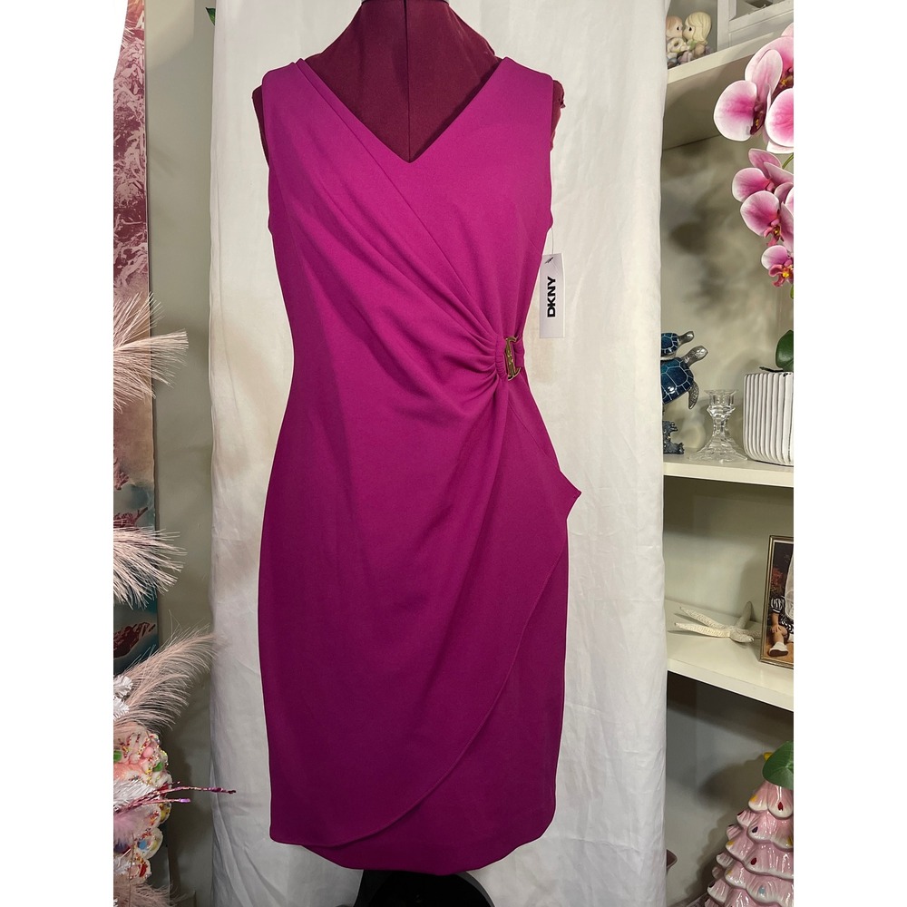 DKNY Sheath Dress Women 4 Magenta NWT Ruched Gold Buckle V-Neck DD6ACH15